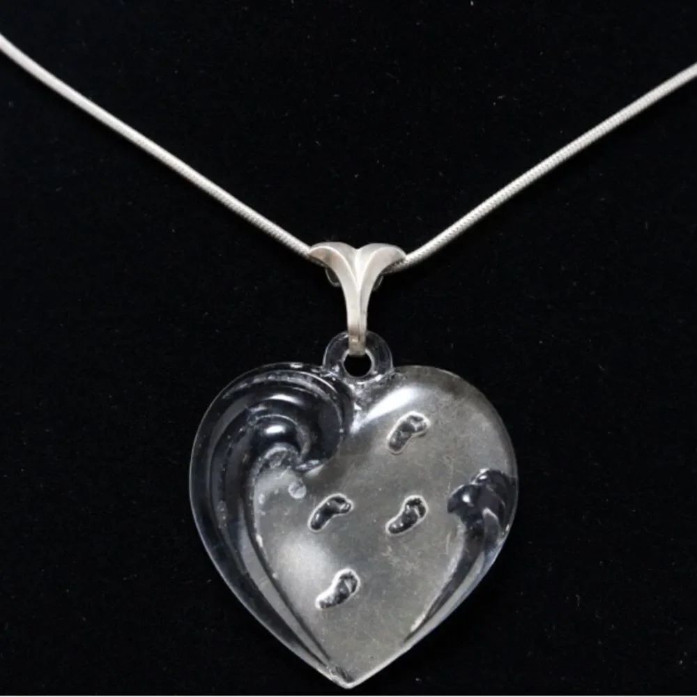 Vintage Sterling Silver Lenox Carved Crystal Heart Footprints On The Sand